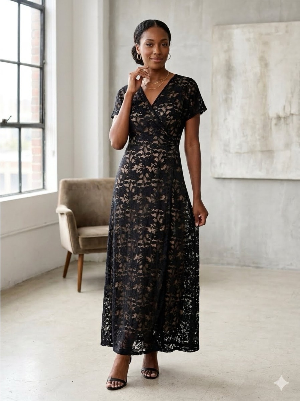 LuLaRoe Elegant Noelle Black Lace Faux Wrap Maxi Dress Sz S Goth Romantic